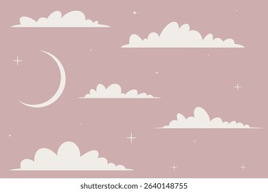 fantasy pink sky with cumulus clouds, stars and crescent moon