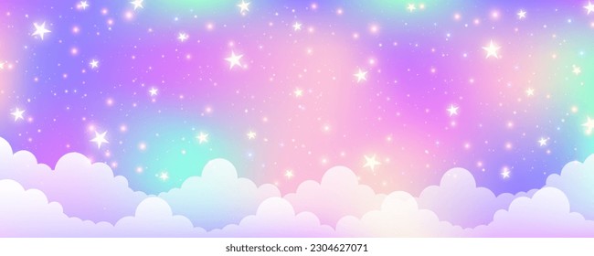 Fantasía de fondo de unicornio rosa con nubes y estrellas. El cielo color pastel. El paisaje mágico, el patrón abstracto fabuloso. Papel pintado de dulce. Vector