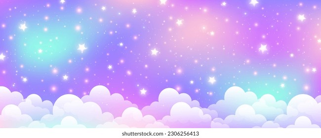 Fantasy pink unicorn background with clouds and stars. Pastel color sky. Magical landscape, abstract fabulous pattern. Cute candy wallpaper. Vector