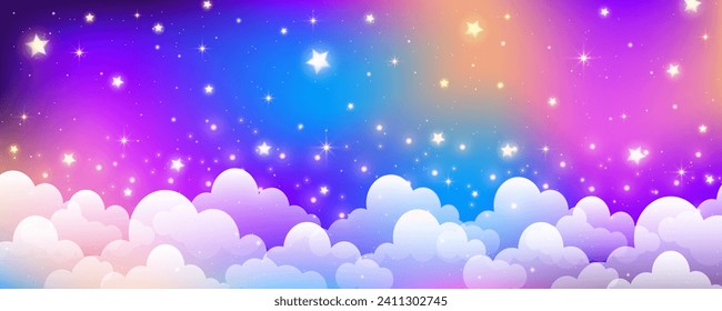 Fantasy pink unicorn background with clouds and stars. Pastel color sky. Magical landscape, abstract fabulous pattern. Cute candy wallpaper. Vector