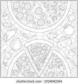 Fantasy pizza with ingredients, so tasty and delicious. Learning and education coloring page illustration for adults and children. Outline style, black and white drawing