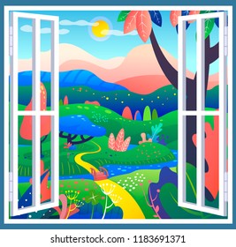 Fantasy place with wonderful leaves, glades and small river. An open window into the world of miracles and fantasies,  dreams illustration, place for escape and meditation. Favorite corner of nature.