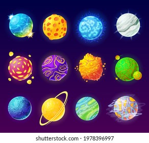 Fantasy planet. Cartoon fantastic alien planets, colorful magic worlds. Space galaxy universe cosmic elements for game design vector set. Craters and comets surface of different colors and shape