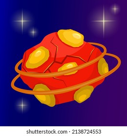 Fantasy planet cartoon with rings. Red magic round planet with stone. Cartoon vector illustration. Ui design.