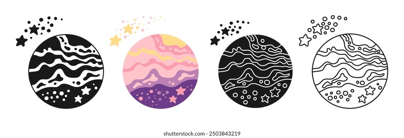 Fantasy Planet cartoon set for children. Fantastic cosmos sign, silhouette, icon linear design. Abstract fantastic doodle galaxy comic planet symbol. Vector celestial space sphere for website app