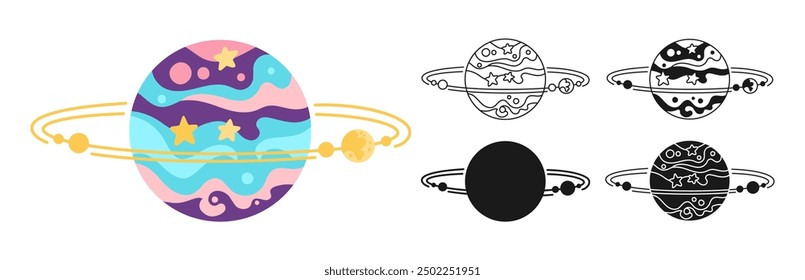 Fantasy Planet doodle cartoon set for children. Abstract fantastic galaxy flat planet symbol. Fantastic cosmos sign, silhouette, icon linear design. Vector celestial space sphere for website app