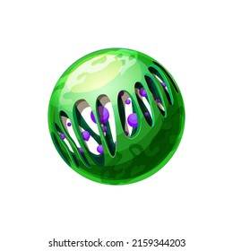 Fantasy planet of green stony rocks and blue water bubbles inside isolated fairy alien world. Vector habitable planet, cosmic globe. Deep space asteroid,fantasy place, ui game design element