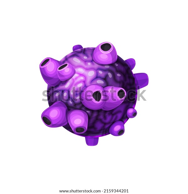 Fantasy planet with holes, purple virus globe, far\
alien world isolated flat cartoon icon. Vector galaxy exoplanet or\
deep space planet desert surface covered by outgrowth, asteroid,\
habitable place