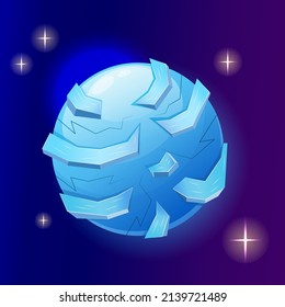 Fantasy planet ice cartoon with ice blocks. Blue magic snow round planet. Cartoon vector illustration. Ui design