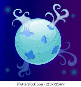Fantasy planet ice cartoon with icy air craters. Blue magic snow round planet. Cartoon vector illustration. Ui design