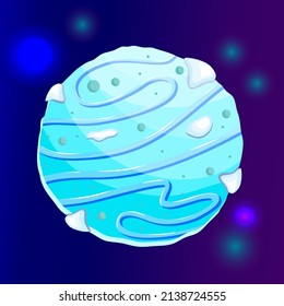 Fantasy planet ice cartoon with star. Blue magic snow round planet. Cartoon vector illustration. Ui design.