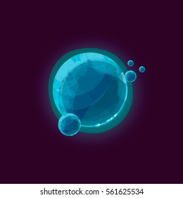 Fantasy planet logo. Flat style vector illustration for games and apps. Water planet with satellites on black background.