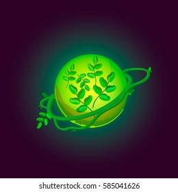 Fantasy planet logo. Flat style vector illustration for games and apps. Green forest planet on black background.