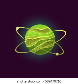 Fantasy planet logo. Flat style vector illustration for games and apps.Green planet with asteroid belts on black background.