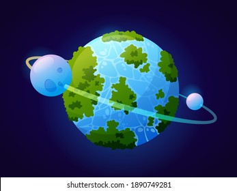 Fantasy planet looks like Earth with vegetation and water masses. Celestial body with satellite and orbit. Planetarium and outer space exploration and discoveries. Cartoon vector in flat style