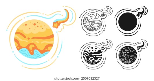 Planeta Fantasia com desenho animado de meteoro definido para crianças. Fantástico ícone de sinal cosmos design linear. Resumo fantástico doodle galáxia quadrinhos crianças planeta símbolo. Esfera de espaço celeste vetorial para aplicativo de site