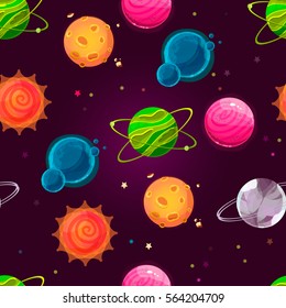 Fantasy planet pattern. Vector concept illustration in flat style. Seamless background with different planets, sun and stars. Creative cosmic backdrop.