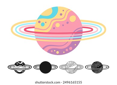 Fantasy Planet with ring cartoon set for children. Fantastic cosmos sign icon linear design. Abstract fantastic doodle galaxy comic kids planet symbol. Vector celestial space sphere for website app