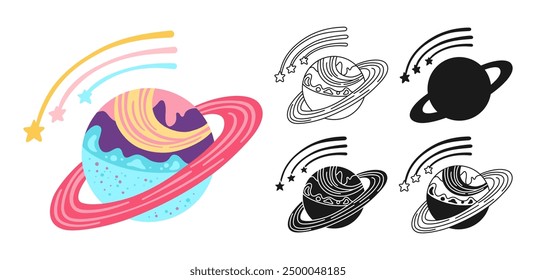 Fantasy Planet with ring cartoon set for children. Fantastic cosmos sign icon linear design. Abstract fantastic doodle galaxy comic kids planet symbol. Astronomical vector space sphere for website app