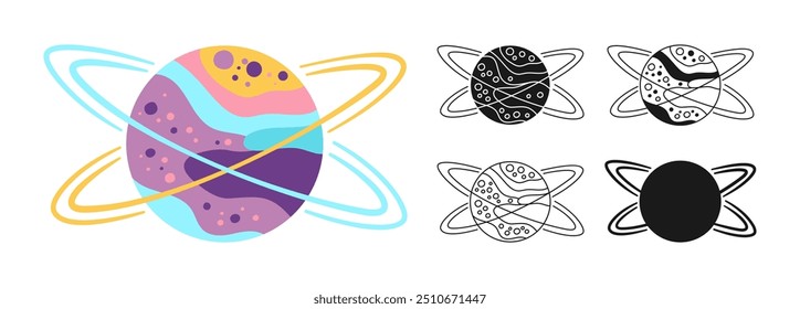 Fantasy Planet with ring cartoon set for children. Fantastic cosmos sign icon linear design. Abstract fantastic doodle galaxy comic kids planet symbol. Vector celestial space sphere for website app