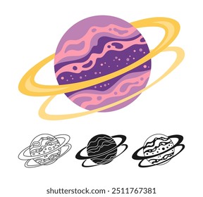 Planeta Fantasia com anel de desenho animado definido para crianças. Fantástico ícone de sinal cosmos design linear. Resumo fantástico doodle galáxia quadrinhos crianças planeta símbolo. Esfera de espaço celeste vetorial para aplicativo de site