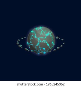 Fantasy planet rotating over orbit, Saturn in space with orbiting rocks, astronomy solar system habitable place in outer space isolated cartoon icon. Vector galaxy far alien world, cosmic sphere