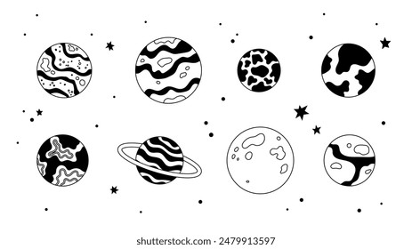 Fantasy planet set. Cosmic elements on white background. Vector illustration. Celestial objects set isolated.