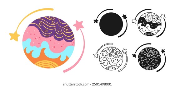 Fantasy Planet with stars cartoon set for children. Fantastic cosmos sign icon linear design. Abstract fantastic doodle galaxy comic kids planet symbol Astronomical vector space sphere for website app