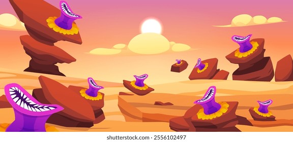 Fantasy planet sunny landscape with monster plant with trap. Cartoon magic dangerous flowers predator with mouth, teeth and tongue sticking out. Alien creature on desert surface with rocks flat vector