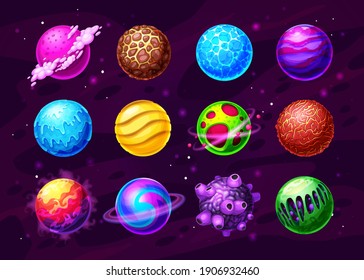 Fantasy planets, alien worlds in deep space cartoon set. Frozen and hot, covered water, ice and lava planets with satellites, asteroid with rocky surface vector icon. UI, GUI interface design elements