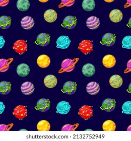 Fantasy planets background. Game design elements, crazy mystic universe seamless texture for web, children, fabric. Gaming space vector print