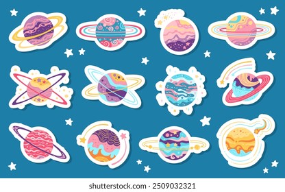 Fantasy planets children stickers for diary design. Abstract galaxy planets cartoon badge set. Fantastic cosmos celestial space spheres planet for scrapbook handicrafts. Vector isolated illustration