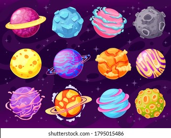 Fantasy planets. Colorful cosmic planet objects for game design fantastic galaxy world, astronomy space universe cartoon vector set. Illustration cosmic space, collection cartoon planets