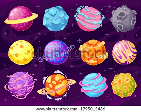 Fantasy planets. Colorful cosmic planet objects for game design fantastic galaxy world, astronomy space universe cartoon vector set. Illustration cosmic space, collection cartoon planets