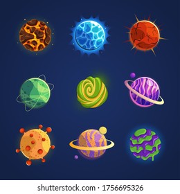 Fantasy planets. Colorful different planets space universe, astronomy cosmic objects cosmic galaxies fantastic world. for icons game design. cartoon vector set