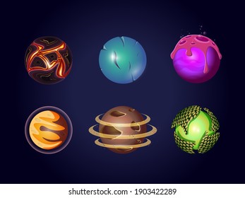 Fantasy planets. Colorful different planets space universe. Cool cosmic collection for game design.