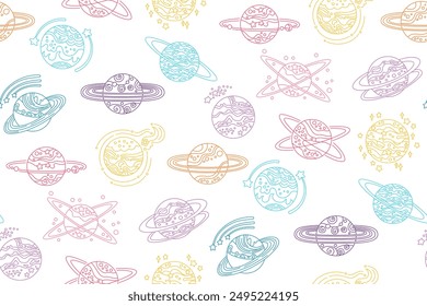 Fantasy-Planeten kritzeln nahtlose Muster. Abstrakte Planeten mit unbegrenztem Hintergrund. Fantastische Galaxie endlos Kosmos Design Repeat Print, Stoff Textil, Repeat Wrapper Raum Hintergrund Vorlage Astronomisch