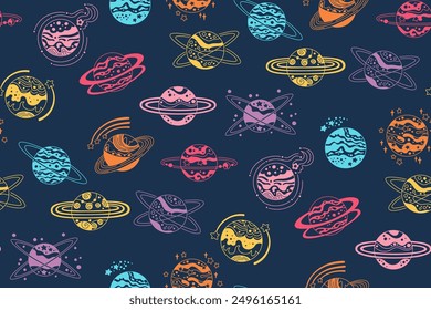 Fantasy-Planeten doodle nahtlose Muster. Abstrakte Planeten grenzenlosen Hintergrund. Fantastische Galaxie endlosen Kosmos-Design wiederholen Druck, Stoff Textil, wiederholen Wrapper Raum astronomische Kulisse Vorlage