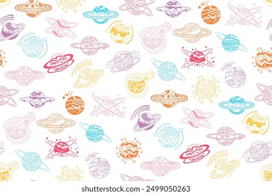 Fantasy-Planeten doodle nahtlose Muster. Fantastische Galaxie endlosen Kosmos Design Repeat Print, Stoff Textil. Abstrakte Planeten grenzenlosen Hintergrund. Wiederholen Wrapper Space Hintergrund astronomische Vorlage