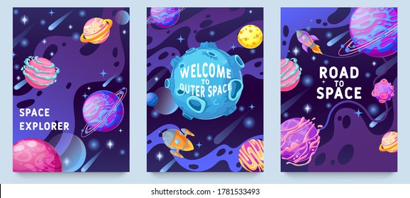 Fantasy Planets Kids Posters. Multicolor Cosmic Objects, Space Galaxy World Design For Flyer, Magazine, Poster Or Book Cover Vector Set. Welcome To Outer Space, Exploration On Rocket Or Spaceship