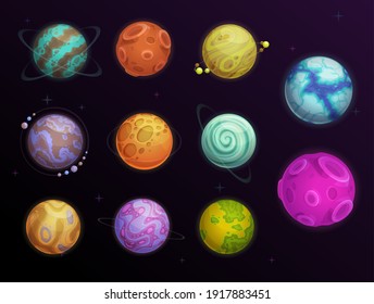 Fantasy planets with rings and satellites in space. Far alien words, galaxy exoplanets or deep space planets with water, ice and desert surface covered craters, moon or asteroid cartoon vector set