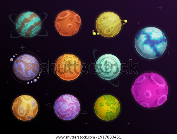 Fantasy planets with rings and satellites in space.
Far alien words, galaxy exoplanets or deep space planets with
water, ice and desert surface covered craters, moon or asteroid
cartoon vector set