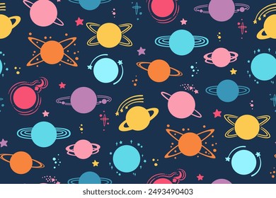 Fantasy planets seamless pattern. Abstract silhouette shape planets boundless background. Fantastic galaxy endless cosmos design for paper print, fabric textile, wrapper space backdrop template vector