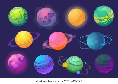 Los planetas de fantasía establecen elementos gráficos en diseño plano. Conjunto de coloridos planetas cósmicos abstractos con órbitas, agujeros, satélites y anillos para una galaxia fantástica. Ilustración vectorial de objetos aislados