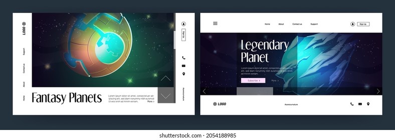 Fantasy planets in space cartoon landing pages. Futuristic satellite, meteor, asteroid in dark starry sky. Galaxy, cosmos, universe fantasy travel, computer game interface, Vector web banners design