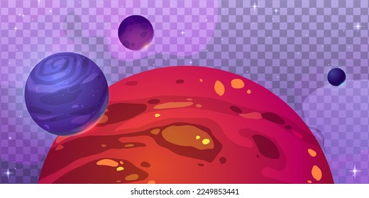 Fantasy planets for space game. Alien world, galaxy with red planet ground surface, moons and stars isolated on transparent background, vector cartoon illustration