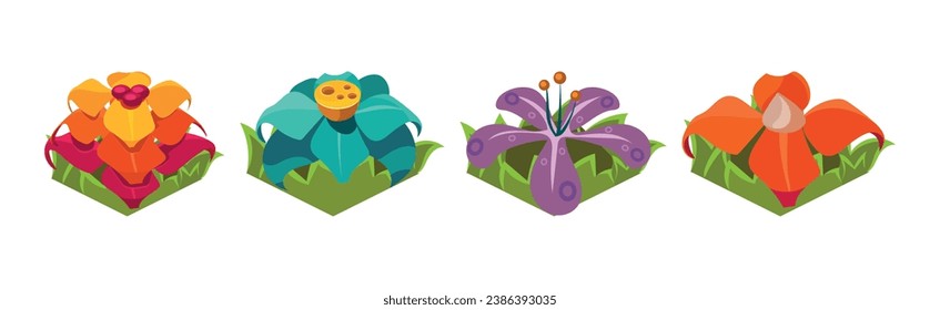 Fantasy Plant and Flower Growing in Ground Isometric Vector Set