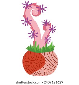 Fantasy Plant in flower pot. Element for Game with Alien plants with Tentacle isolated on white background. Pink organism, monster, creature with tentacles. Design Art for Book, Poster, Print, Card.