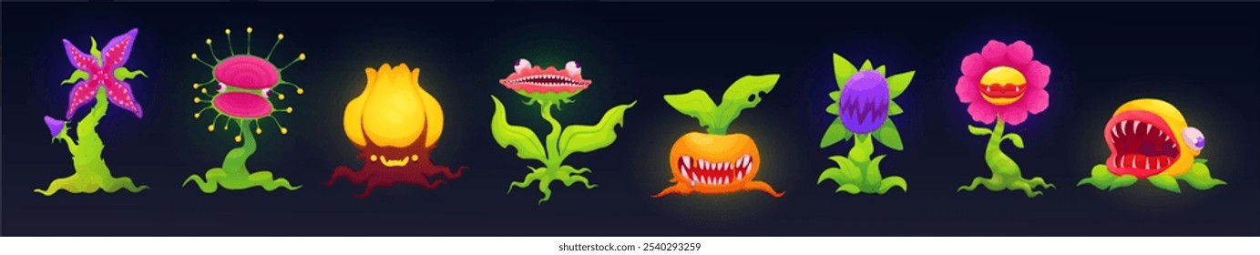 Fantasy plant monster. Alien flower. Evil blossom. Mystic flora. Predatory garden. Carnivorous and venomous creature. Game forest. Fairy botany. Hungry bloom. Vector cartoon botanical characters set