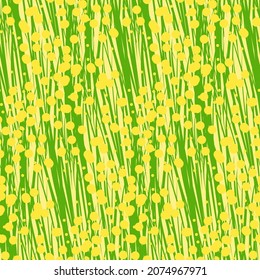 Fantasy plant, thin stems and curly mimosa flowers, seamless pattern background, packaging decoration and textile design